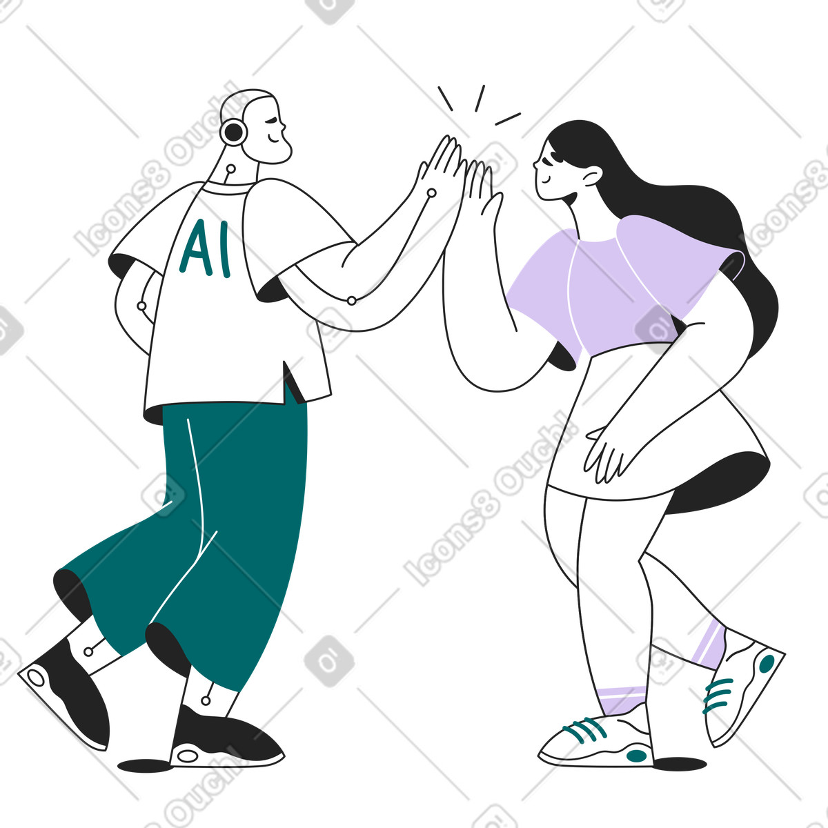 Friendly high five between robot and user, Partnership with AI illustrazione in stile Sammy Line scarica in PNG, SVG