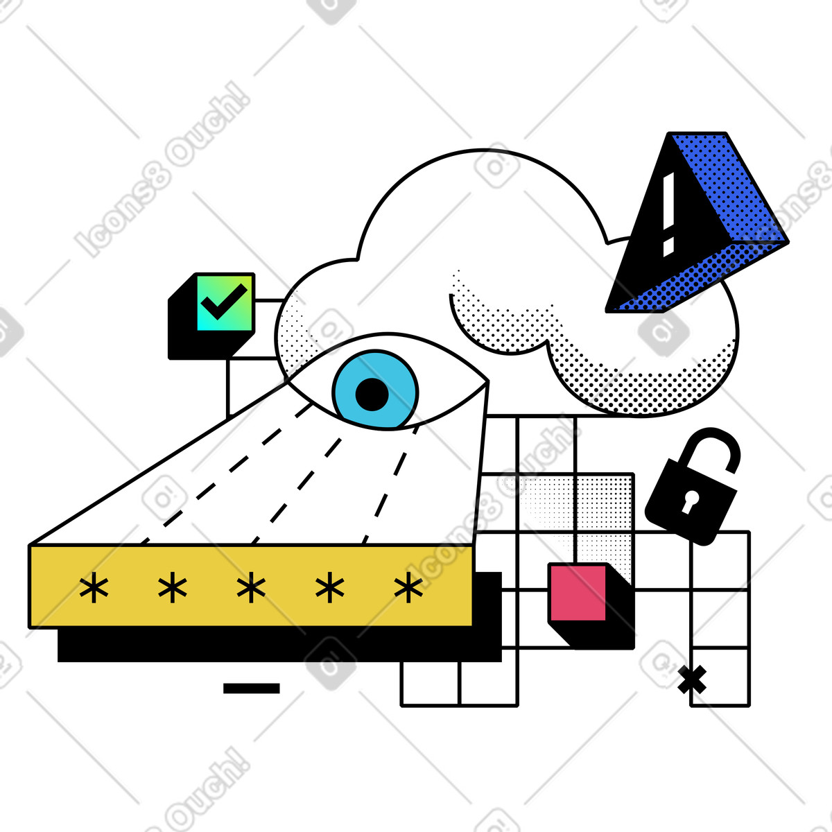 Memphis スタイルの すべてを見通すパスワード保護 のイラストをPNG、SVG形式でダウンロード