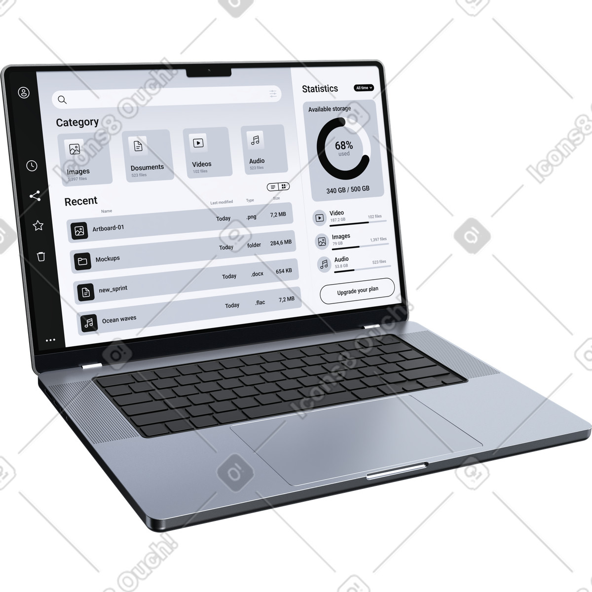 Gestore di file cloud, dashboard analisi dello storage, organizzazione delle risorse digitali illustrazione in stile 3D Pro scarica in PNG, SVG