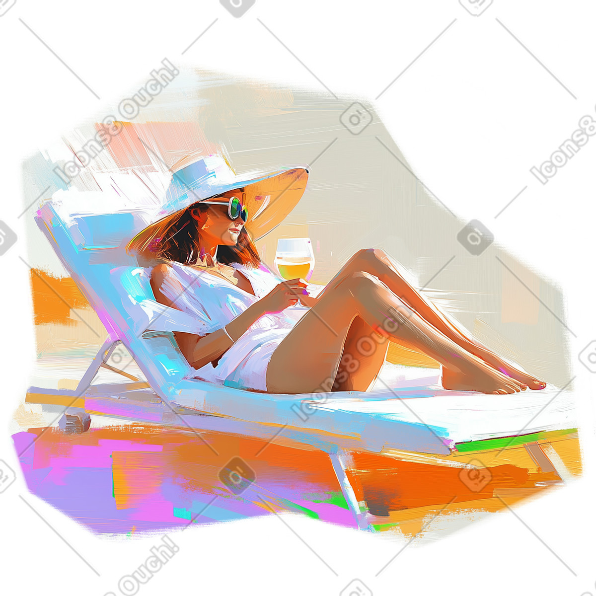 Oil painting of a relaxing woman in a sun lounger illustration chill clipart PNG