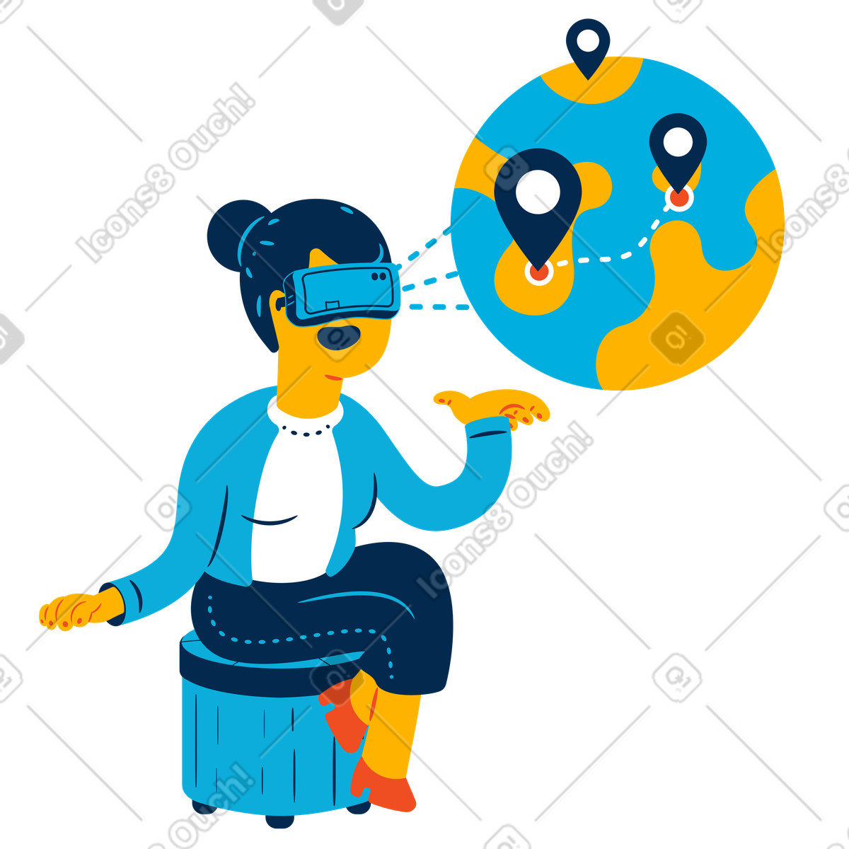 Woman learning geography via virtual reality illustration in Flame style download in PNG, SVG