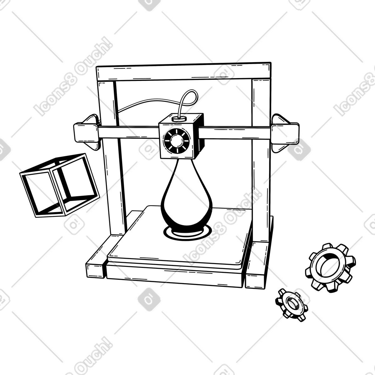 3D Techny Line スタイルの プラットフォーム上でオブジェクトを作成する3dプリンター、ラピッドプロトタイピング、積層造形 のアニメーションイラストをGIF、Lottie (JSON)、AEでダウンロード