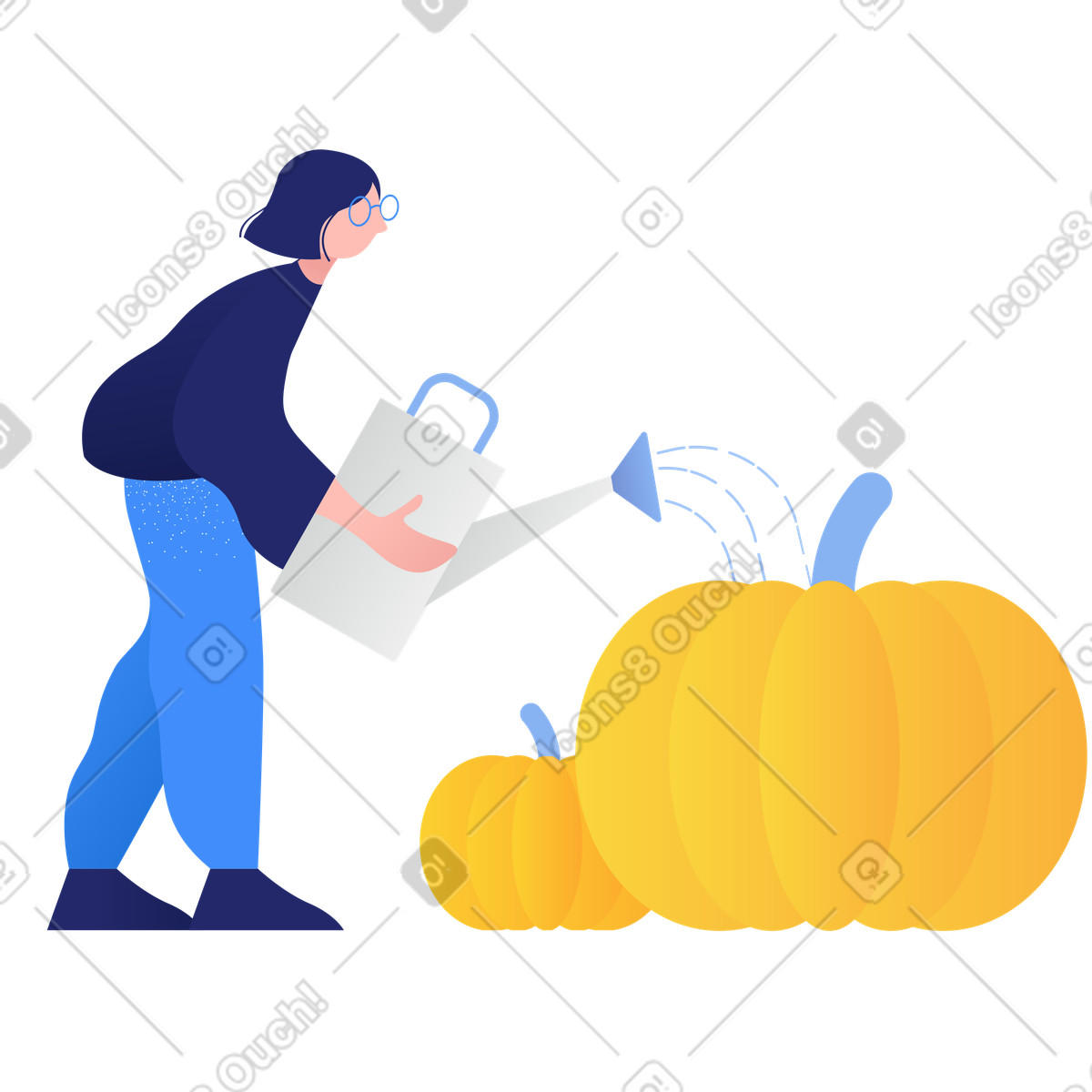 Clip スタイルの Woman watering a large pumpkin のイラストをPNG、SVG形式でダウンロード
