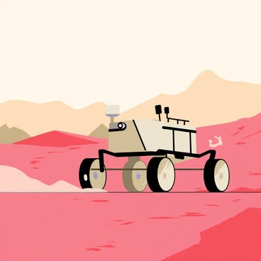 A planetary exploration rover with a sleek, metallic body featuring articulated wheels for rugged terrain. The rover is equipped with advanced PMAT technology, including sensors and cameras mounted on its front. It is positioned on a rocky, red-hued surface under a pale orange sky. In the background, a distant mountain range can be seen, along with scattered craters. Small dust clouds are kicked up by the rover's movement, enhancing the atmosphere of exploration on this remote planet.