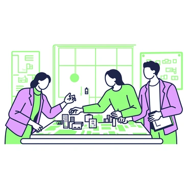 A group of three architects is gathered around a detailed city model displayed on a large table. The model features various buildings, streets, and green spaces, meticulously arranged to represent a section of the city. One architect is pointing at a specific area of the model, while another is taking notes on a clipboard. The third architect is examining the model closely, making observations. In the background, large windows allow sunlight to illuminate the room, and architectural blueprints are pinned to the walls.