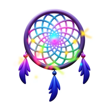 A dream catcher with intricate woven patterns and feathers. At its center is a shimmering pineal gland, depicted in a vibrant and iridescent style. Colorful dreams and visions, represented by swirling wisps of light in various bright hues, are being drawn into the net of the dream catcher. The background is softly blurred to emphasize the dream catcher and its central pineal gland.