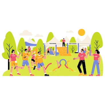 A vibrant outdoor scene showcasing teams engaged in various fun challenges at a sunny retreat. One team is participating in a relay race, with members passing a baton while wearing colorful team uniforms. Nearby, another group is tackling an obstacle course filled with bright inflatable structures. In the background, there are tents with banners displaying team names. Lush green trees surround the area, and the sky is clear with a shining sun casting warm light over the activities. Excited spectators cheer on the participants, adding to the lively atmosphere.