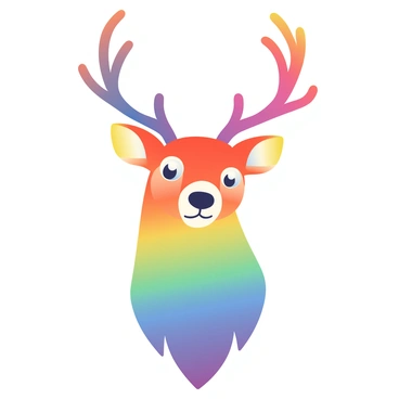 A deer's head is prominently featured in the foreground, showcasing a graceful symmetry. The fur is a blend of vibrant rainbow colors, transitioning seamlessly from deep red at the cheeks to bright orange, sunny yellow, lush green, azure blue, and rich purple along the neck and antlers. The antlers are intricately detailed, with shades of color that mirror the fur. Each antler branch extends elegantly, adding to the overall majesty of the deer. The eyes are expressive and bright, reflecting a gentle curiosity. The background consists of soft gradients that enhance the vivid colors of the deer, while maintaining a harmonious and tranquil atmosphere.