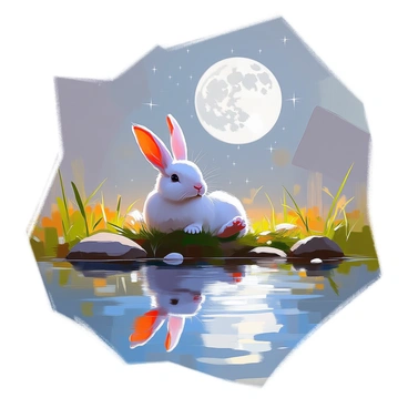 A rabbit's foot is resting on the grassy edge of a serene reflective pool. The foot appears soft and delicate, with fine fur and small claws visible. The pool reflects the shimmering light of the full moon above, casting a silvery glow on the surroundings. Surrounding the pool, there are gently swaying blades of grass and a few scattered pebbles. The night sky is filled with twinkling stars, adding to the tranquil atmosphere of the scene.