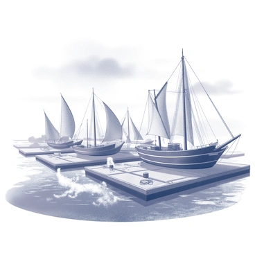 A harbor scene showing several ships securely anchored. The ships are of various sizes, with some having billowing sails, while others have sturdy masts. The water shows signs of choppy waves, indicative of a storm, with splashes rising as they hit the hulls of the vessels. The sky is overcast, with dark clouds hovering above, creating a dramatic atmosphere. The harbor features docks made of wood, and there are hints of ropes and other nautical equipment scattered about, illustrating the active use of the space.