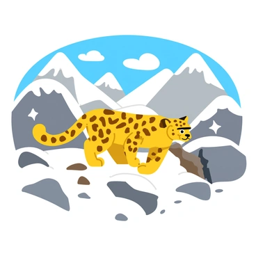 A snow leopard with a thick, spotted coat is carefully stalking its prey. It moves stealthily across a rocky, snow-covered mountain landscape. The leopard's eyes are focused intently on a distant target, demonstrating its predatory instincts. Surrounding the leopard, jagged rocks are dusted with white snow, while patches of gray and brown are visible beneath. In the background, tall peaks rise against a clear blue sky, adding depth to the scene. Snowflakes gently fall around the leopard, enhancing the cold atmosphere of the mountain terrain.