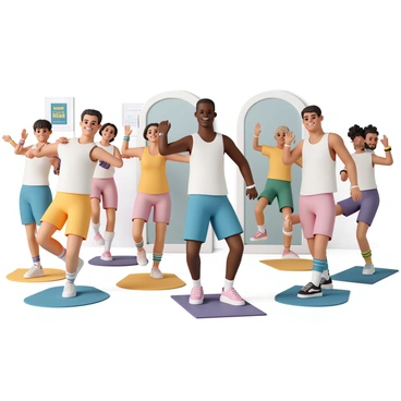 A group of diverse individuals, including men and women of varying ages and fitness levels, engaged in hip circle exercises in an exercise studio. They are positioned in a well-lit space with mirrors on the wall, reflecting their movements. Each person is wearing vibrant workout attire, such as tank tops, running shorts, and sneakers. Their expressions show joy and energy as they move in sync to the rhythm of upbeat music. The floor is covered with exercise mats, and some participants are using colorful resistance bands to enhance their movements while others follow along with just their body weight. Bright motivational posters decorate the walls, adding to the lively atmosphere of the studio.
