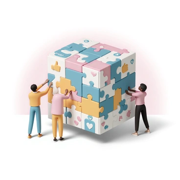A massive, intricate puzzle with various pieces interlocking to form a large, three-dimensional representation of a social media algorithm. The puzzle is colorful, featuring icons such as thumbs up, hearts, and speech bubbles, each symbolizing different aspects of social media interactions. Several hands of diverse individuals, including different skin tones, are reaching to connect the final pieces of the puzzle. The background is a soft gradient, enhancing the focus on the puzzle and the engaged individuals. The scene conveys a sense of collaboration and problem-solving.