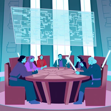 A gathering of Jedi Knights in a grand council chamber. The chamber features high ceilings with intricate stone carvings and large windows that let in a soft, ethereal light. Jedi Knights dressed in flowing robes of various colors are seated around an ornate circular table made of polished wood. Each Jedi has a distinct appearance; some have lightsabers at their sides, while others are engaged in animated discussions, their expressions serious and focused. Holographic displays of star systems and battle strategies hover above the table, illuminating their faces as they strategize for an upcoming mission. The atmosphere is charged with purpose and determination.