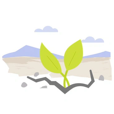 A small green seedling emerging from cracked, dry soil in a barren wasteland. The seedling has two delicate leaves unfurling upwards, showcasing its vibrant green color. In the background, the landscape consists of endless stretches of arid, gray earth with a few scattered pebbles. The sky above is a pale blue, with a few wispy clouds drifting by. The scene captures the stark contrast between the fragile seedling and the harsh, desolate environment, emphasizing its struggle for survival.