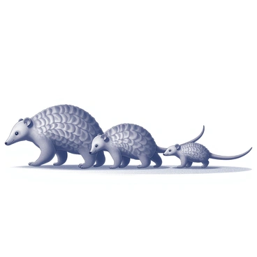 A family of pangolins walking in a line across a textured ground. The first pangolin is slightly larger, its scales detailed and pronounced. The second pangolin is of medium size, maintaining a steady pace alongside the first. The smallest pangolin is playfully trailing behind, its curious eyes peering ahead as it scurries to keep up. Each pangolin's unique shape and scale pattern is clearly visible, highlighting their distinct features as they move together in harmony.
