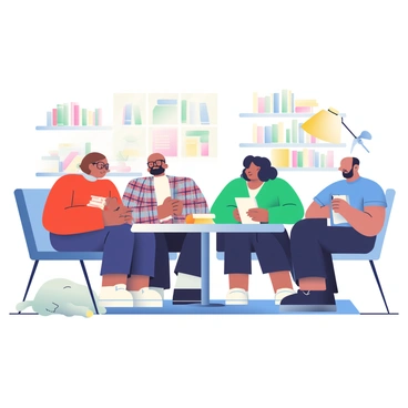 A cozy living room features a round table surrounded by four members of a book club engaged in discussion. The first member, a woman with short brown hair, is wearing a red sweater and holding a book. Next to her, a man with glasses and a plaid shirt leans forward, actively sharing his thoughts. Across from them, a woman with curly hair in a green cardigan listens intently, a cup of tea in her hands. The fourth member, a man with a beard in a blue t-shirt, is taking notes in a notebook. The walls of the living room are adorned with bookshelves filled with various novels, and a warm light emanates from a nearby floor lamp, creating a comfortable ambiance. A fluffy white dog is curled up on a rug beside the table.