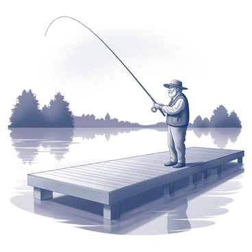 A fishing dock extending over still water, surrounded by trees and gentle ripples. An old man stands at the edge of the dock, wearing a wide-brimmed hat and a weathered fishing vest. He is in a relaxed pose, casting his fishing line into the water. The sky above is transitioning from night to day, with soft light illuminating the scene. The old man's focused expression suggests years of experience, and a fishing rod is gripped in his hands, ready for the catch.