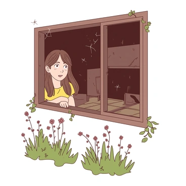 A young girl with long brown hair is peering into the dusty window of an abandoned house. Her expression shows curiosity, with wide eyes and slightly parted lips, capturing a sense of wonder. She is wearing a yellow summer dress that contrasts with the muted colors of the dilapidated house. The windowpane is partially obscured by cobwebs, and the interior is dimly lit, revealing shadows of broken furniture. Surrounding the house, overgrown weeds and wildflowers add to the sense of neglect.