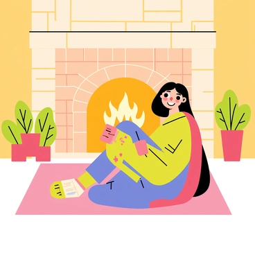 A girl sitting on a cozy rug in front of a crackling fireplace. She is wrapped in a soft, colorful blanket, with her knees hugged to her chest. In her hands, she holds a steaming mug, and a warm smile is on her face. The fireplace emits a soft glow, illuminating the room, while the flames dance cheerfully. The walls are decorated with warm-toned wood paneling, and a few pots of greenery are placed nearby, adding life to the scene.