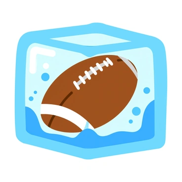 A rugby ball encased in a clear block of ice, showcasing intricate frosty details that glisten on the surface. The ice is thick and textured, with bubbles trapped inside, adding to the realism. The rugby ball, with its classic brown leather texture and white stitching, is partially visible through the ice. The surrounding area has a slight shimmer, as light refracts through the frozen block, creating a captivating visual effect.