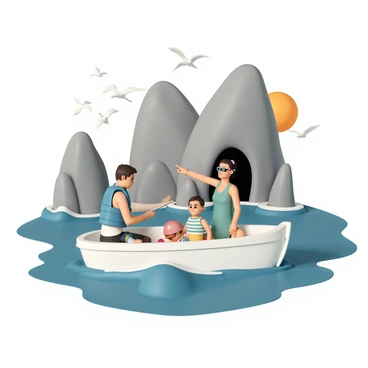 A family of four is on a boat, navigating through the serene waters near a rugged coastline. The father, wearing a blue life jacket and sunglasses, is steering the boat with focused determination. The mother, dressed in a green tank top and shorts, points excitedly towards a dark sea cave nestled among the towering gray rocks. Two children, a boy and a girl, are seated in the boat; the boy is wearing a red baseball cap and a striped shirt while the girl has her hair tied up in a ponytail, wearing a colorful swimsuit. The boat is surrounded by deep blue waters, with gentle waves lapping against the hull. Various sea birds can be seen flying overhead, while the sun casts a warm glow over the entire scene.
