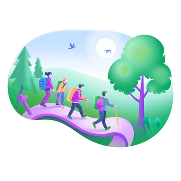 A modern pastel illustration featuring a group of five hikers walking along a winding forest trail. The hikers include a woman wearing a blue backpack and a red jacket, a man with a green cap and a yellow backpack, and three others dressed in various colorful outdoor attire. The forest is lush with green trees and vibrant foliage surrounding the trail, while a clear blue sky is visible above. Soft sun rays filter through the branches, casting gentle shadows on the ground. Birds can be seen in the trees, adding life to the scene.