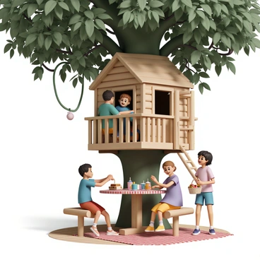 A group of four kids, two boys and two girls, are having a picnic inside an elaborate treehouse. The treehouse is built among thick green leaves and strong branches, elevated high above the ground. One boy, wearing a blue t-shirt and red shorts, is sitting at a wooden table, spreading out a red checkered picnic blanket. The other boy, dressed in a green shirt and yellow shorts, is laughing while holding a sandwich. One girl, wearing a purple dress, is pouring juice into colorful cups, while the other girl, in a pink shirt and denim shorts, is holding a basket filled with fruits. Sunlight filters through the leaves, creating dappled shadows on the wooden floor. The scene captures the joyful atmosphere of the picnic, surrounded by the beauty of nature.