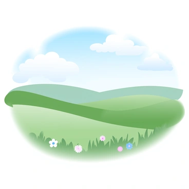A wide view of rolling hills with lush green grass, gently undulating across the landscape. The hills are illuminated by soft, gradient pastel colors, creating a harmonious blend between the greens and the bright blue sky above. Fluffy white clouds drift lazily in the sky, adding depth to the scene. In the foreground, a few wildflowers can be seen dotting the grassy area, adding splashes of color. The horizon is slightly blurred, giving the impression of a serene and expansive landscape.
