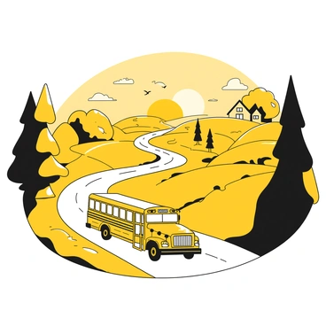 A yellow school bus driving down a winding country road surrounded by fields. The bus is in motion, with its headlights on. The sun is rising on the horizon, casting a warm glow. Silhouettes of trees line the sides of the road. A few birds can be seen flying in the sky. Farmhouses are visible in the distance.