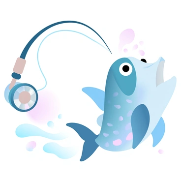 A fishing rod is bent dramatically, showing a strong tension as it holds a large animated fish at the end. The fish has exaggerated features, including a wide body and vibrant scales, creating a playful appearance. The fishing rod is held in an upward position, with a shiny reel reflecting light. In the background, there are gentle waves of water to indicate movement, and scattered bubbles float around the fish, enhancing the sense of activity and playfulness.