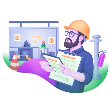 A modern pastel illustration depicting an auditor examining safety protocols in a factory setting. The auditor is a middle-aged man wearing glasses and a safety helmet, holding a clipboard filled with checklists. Surrounding him are factory elements, including machinery, safety cones, and fire extinguishers. In the background, there are workers in safety gear operating equipment and safety signs visible on the walls. The overall scene conveys a focus on safety and compliance in an industrial environment.