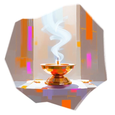 The Altar of Incense is situated inside the Tabernacle, crafted from acacia wood and overlaid with pure gold. It stands at the center of the scene, showcasing its intricate designs. Aromatic smoke rises gracefully from the altar, swirling upward in delicate wisps, creating a mystical atmosphere. The interior of the Tabernacle is adorned with rich draperies and detailed patterns, providing a sense of sacredness. The light subtly illuminates the smoke, enhancing its ethereal quality as it fills the space.