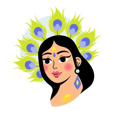An illustration featuring the face of "Durga," adorned with vibrant "peacock feathers" that fan out elegantly behind her. The peacock feathers display shades of "green" and "blue," adding a touch of elegance and beauty to the composition. Durga's expression is serene and powerful, with "ornate jewelry" glimmering against her skin. The background showcases a soft gradient of colors to enhance the visual appeal while keeping the focus on her face and the peacock feathers.