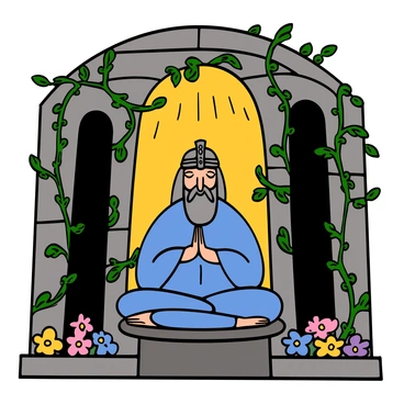 A sorcerer with long flowing robes in shades of deep blue sits cross-legged on a stone pedestal inside a mystical temple. The sorcerer has long silver hair and a beard, with an intricate silver headpiece adorning his head. His hands rest on his knees, palms facing upward, as he meditates peacefully. Surrounding the temple are lush green vines that creep along the ancient stone walls, and colorful flowers bloom in various shades around the base. Bright beams of sunlight filter through the ornate ceiling above, casting gentle light across the scene.