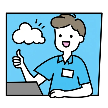 A cheerful bus driver with a big smile is sitting in the driver's seat of a bus. He has short brown hair and is wearing a blue uniform with a name tag. He is giving a thumbs-up with his right hand, extending it through the open window of the bus. The sun is shining brightly, and a few fluffy white clouds are scattered in the blue sky.