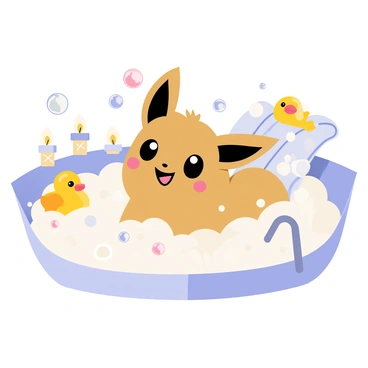 An Eevee with a fluffy brown coat is playfully popping colorful bubbles in a luxurious bubble bath. The bath is filled with lots of white frothy bubbles, creating a soft, fluffy landscape around Eevee. A few bubbles float gently in the air, reflecting light and displaying shades of blue and pink. The setting is adorned with small, decorative candles, providing a warm glow. In the background, there are plush towels neatly rolled and a rubber duck floating beside the bath, adding to the playful atmosphere.