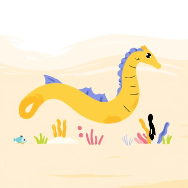 A seahorse with a curled tail and delicate fins gliding gracefully through the water. The background features a vast underwater desert composed of golden sands that ripple gently. Soft light filters through the water, casting shimmering reflections on the sandy surface. Various small, colorful coral formations peek out from the sand, adding vibrant contrast to the scene. A few small fish can be seen swimming nearby, complementing the tranquil aquatic environment.