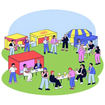 A vibrant outdoor craft beer festival with a variety of colorful tents set up across the grass. Each tent features distinct bright colors, such as red, yellow, and blue. Groups of happy people are gathered around, sampling different beers from small cups. Some individuals are laughing and chatting, while others are focused on tasting their drinks. There are tables neatly arranged with beer taps, and decorations that add to the festive atmosphere. In the background, a clear blue sky stretches overhead.