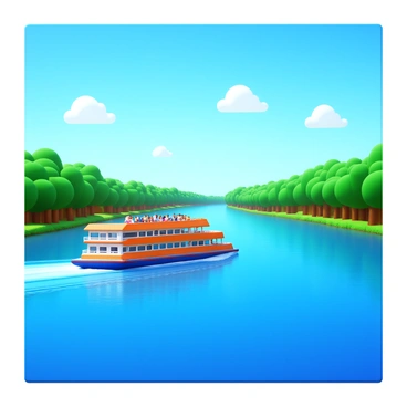 A passenger ferry with multiple levels is crossing a wide, tranquil river. The ferry is painted in bright colors, with passengers visible on the deck enjoying the view. The water is calm, reflecting the sunlight, creating a shimmering effect. In the background, a clear blue sky stretches overhead, with a few fluffy white clouds. Lush green banks line the river, framed by trees and grassy areas.