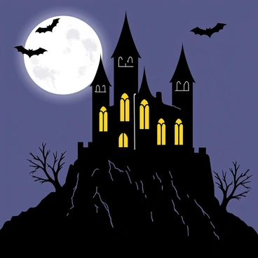 A dark, gothic castle with tall spires and intricate stone carvings sits atop a steep hill. The castle is illuminated by a bright full moon casting shadows on its rugged facade. Bats are flying in the night sky, silhouetted against the moonlight. The surrounding landscape features twisted trees with bare branches, adding to the eerie atmosphere. The castle's large arched windows are almost glowing with a faint light from within.