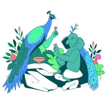 A teal Ganesha is gently holding a piece of food in his hand, offering it to a majestic peacock with vibrant blue and green feathers. The peacock stands elegantly with its feathers fully displayed, showcasing intricate patterns. Ganesha is seated on a smooth white rock, surrounded by lush green foliage. The background is filled with colorful flowers, enhancing the lively atmosphere of the scene.
