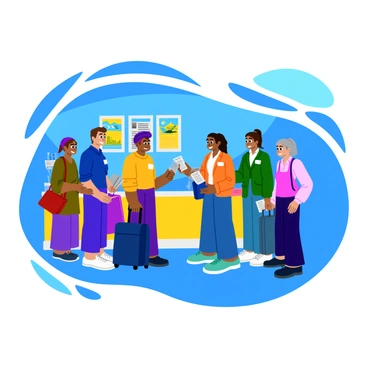 A bright airline check-in counter with a vibrant blue backdrop. Several passengers of diverse backgrounds are standing in line, holding their luggage and tickets. A friendly airline staff member, wearing a professional uniform with a name tag, is smiling and assisting the first passenger with their check-in process. Behind the counter, there are colorful travel posters and digital screens displaying flight information. The atmosphere feels lively and welcoming as other staff members engage with additional passengers.