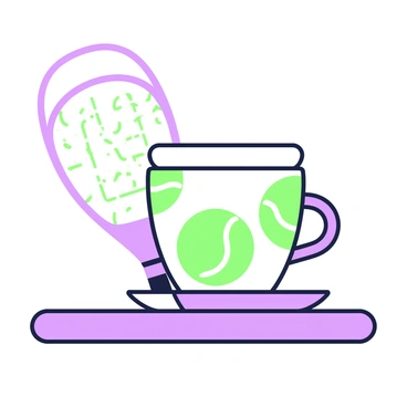 A coffee cup is placed on a wooden table. The surface of the cup features a pattern of tennis balls, each with a distinctive shape and texture. The cup is slightly tilted to one side, allowing a glimpse of its interior. A small saucer sits underneath the cup, matching the cup's design. In the background, there is a blurred view of a tennis racket leaning against a wall, adding to the theme of tennis.