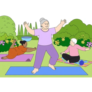 An elderly woman with light skin and silver hair tied in a neat bun is standing at the front of a lush garden. She is wearing a comfortable lavender yoga outfit and has a warm smile on her face. She is demonstrating a yoga pose with her arms raised gracefully. Surrounding her are three participants of various ages, each in different yoga poses. One participant is in a tree pose, another is stretching forward in a downward dog position, and the third is sitting cross-legged on a colorful yoga mat. The garden is filled with vibrant green plants, bright flowers, and a small fountain in the background, creating a lively and inviting atmosphere.
