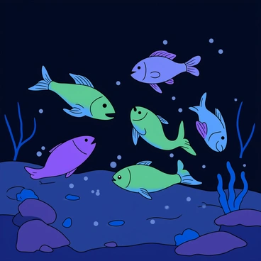 A group of bright, bioluminescent fish swimming together in the dark depths of the ocean. The fish have various shapes and sizes, with some featuring long, flowing fins and others possessing stout bodies. Their bodies glow in shades of blue, green, and purple, illuminating the surrounding water with a soft, ethereal light. The ocean floor is covered with smooth rocks and scattered pieces of coral, while tiny bubbles rise from the fish as they move. In the background, faint silhouettes of underwater plants sway gently with the current.