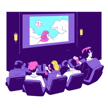 A small crowd of people is sitting in a dimly lit art house cinema, focused on a large screen displaying an independent film. The audience consists of diverse individuals with various hairstyles and clothing styles, including a woman with short pink hair and a man wearing glasses. Some are leaning forward in their seats while others are relaxed, all absorbed in the vivid visuals of the film. The atmosphere is intimate, with soft yellow light emanating from sconces along the walls, creating a cozy environment. A few individuals are whispering to one another, sharing their thoughts about the film, while others are munching on popcorn from bright red containers placed on their laps.