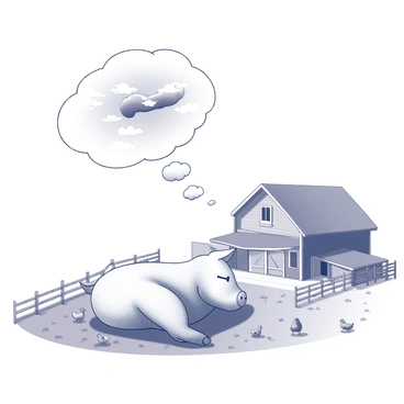 A pig is lying on its side in a relaxed position, with its eyes closed, indicating that it is sleeping. Above the pig, there is a thought bubble displaying a vibrant scene of the pig soaring through the sky, surrounded by fluffy clouds. Below, the barnyard is depicted with a classic wooden barn, several fences, and patches of grass scattered throughout the area. There are a few farm animals, like chickens and ducks, present in the barnyard, creating a lively atmosphere. The entire composition captures the peacefulness of the moment and the whimsical idea of the pig dreaming about flying.