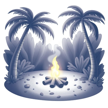 A small campfire is situated in the center of a clearing surrounded by dense tropical forest. The flames flicker gently, casting light and shadows around the area. The ground is covered in soft earth and scattered leaves. Tall trees with broad, lush foliage encircle the scene, their trunks textured with bark. The glow of the campfire contrasts with the dark silhouettes of the trees, creating a cozy focal point in the natural setting. Smoke rises gracefully from the fire, blending with the leaves above. The atmosphere conveys a sense of warmth and tranquility in the heart of the forest.