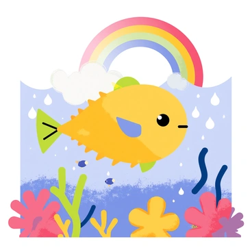 A puffer fish with a round, spiky body swims gracefully through a vibrant rainbow. The rainbow arcs across the scene, displaying bright colors of red, orange, yellow, green, blue, and purple. Below, the ocean floor glimmers with droplets of water from an underwater rain, creating a sparkling effect. Surrounding the puffer fish, colorful coral formations provide a lively backdrop, and small fish swim alongside, adding to the dynamic underwater environment.